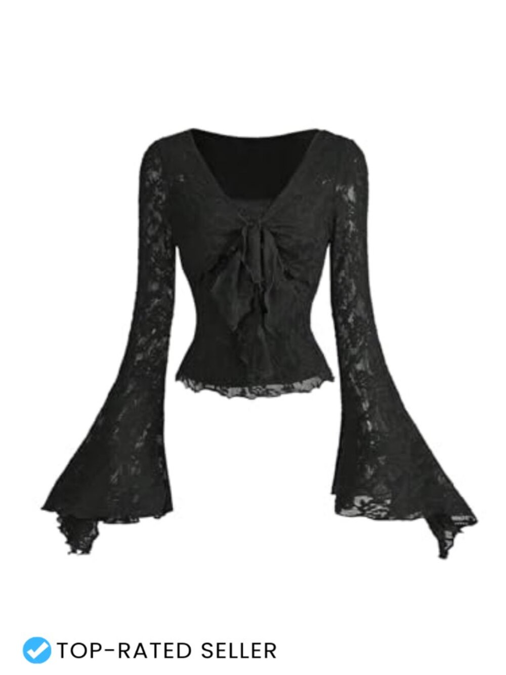 Women Y2K Bell Sleeve Floral Mesh Top V Neck Long Sleeve Ruffle Knot Front